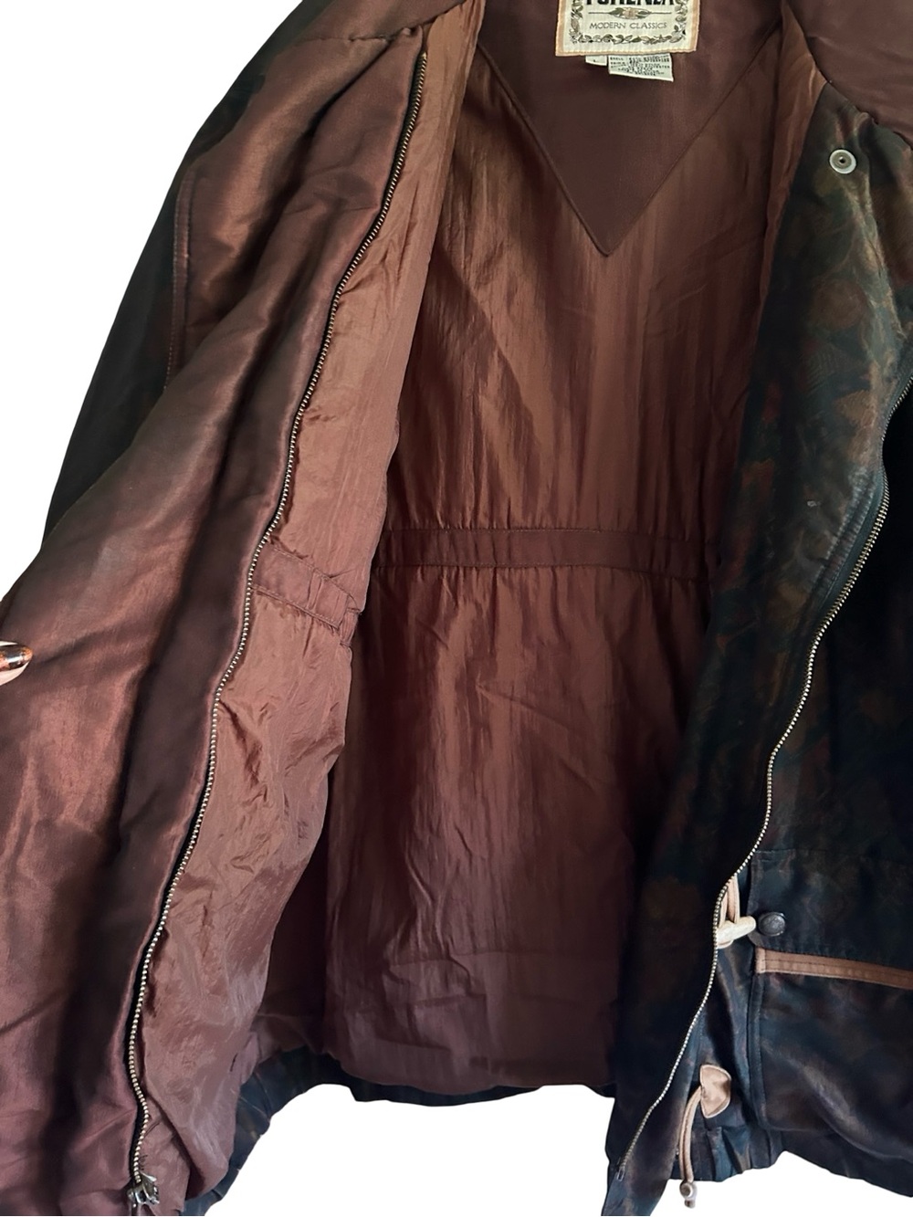 Vintage Forenza Puffer Lightweight Paisley Hooded Parka Leather Accents to Sz L - Picture 5 of 9